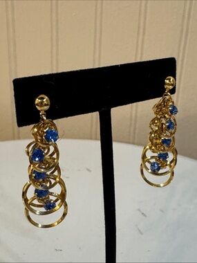 Gold Tone Chain Linked Blue Rhinestone Dangling Earrings Fashion Jewelry Pierced